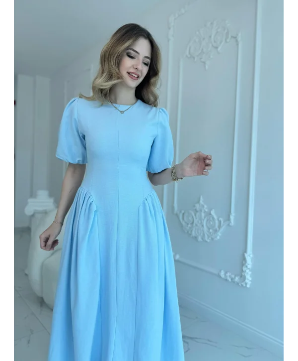 Arkadan Bağlamalı Eteği Yanları Büzgülü Keten Mavi Elbise