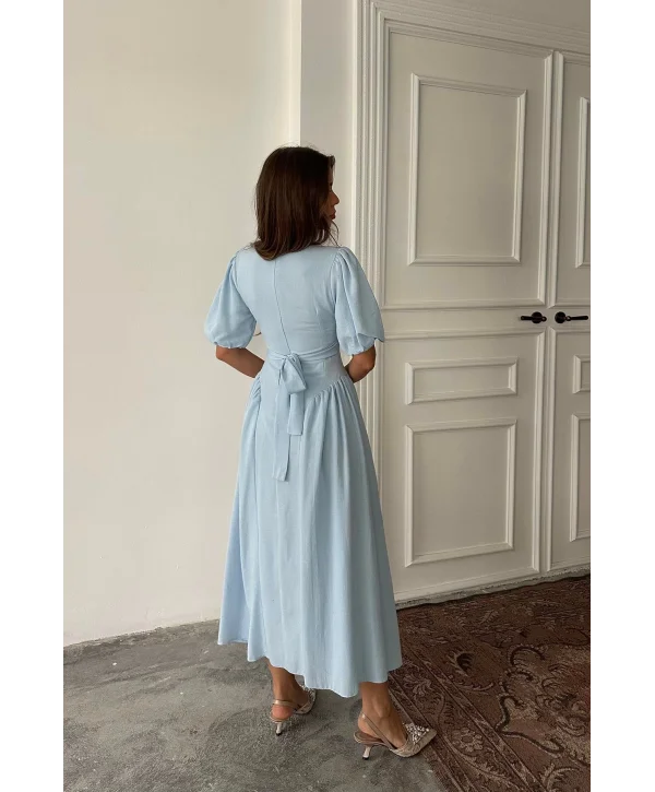 Arkadan Bağlamalı Eteği Yanları Büzgülü Keten Mavi Elbise