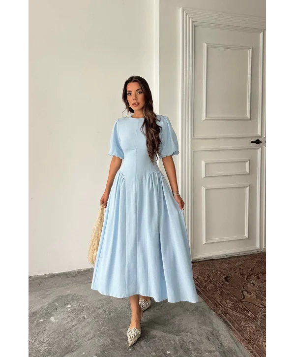 Arkadan Bağlamalı Eteği Yanları Büzgülü Keten Mavi Elbise