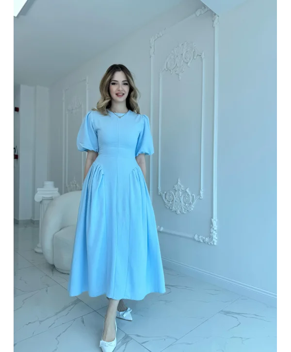 Arkadan Bağlamalı Eteği Yanları Büzgülü Keten Mavi Elbise