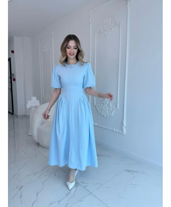 Arkadan Bağlamalı Eteği Yanları Büzgülü Keten Mavi Elbise