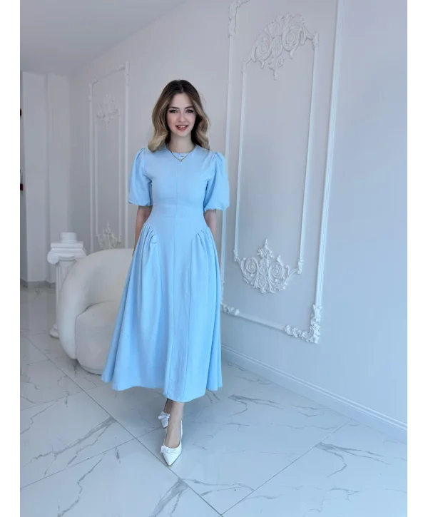 Arkadan Bağlamalı Eteği Yanları Büzgülü Keten Mavi Elbise