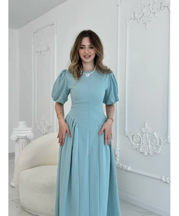 Arkadan Bağlamalı Eteği Yanları Büzgülü Keten Mint Elbise