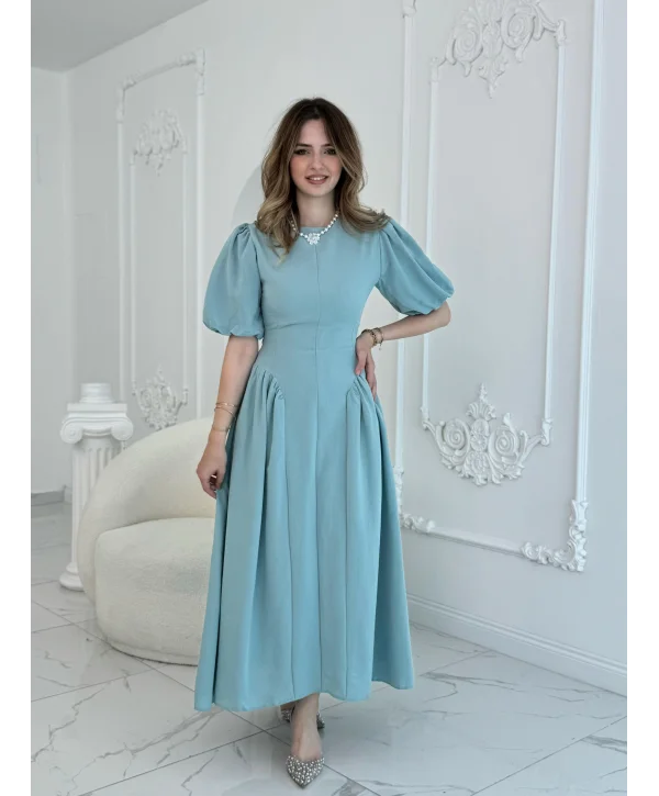 Arkadan Bağlamalı Eteği Yanları Büzgülü Keten Mint Elbise