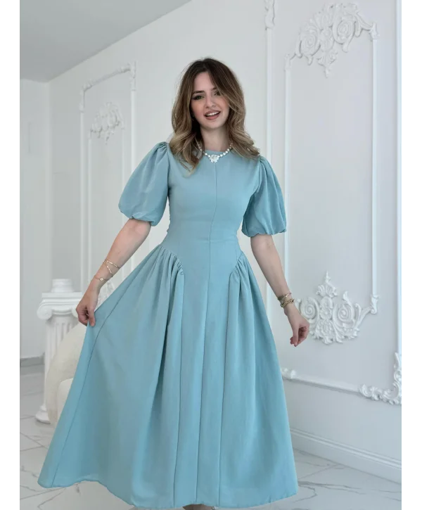 Arkadan Bağlamalı Eteği Yanları Büzgülü Keten Mint Elbise