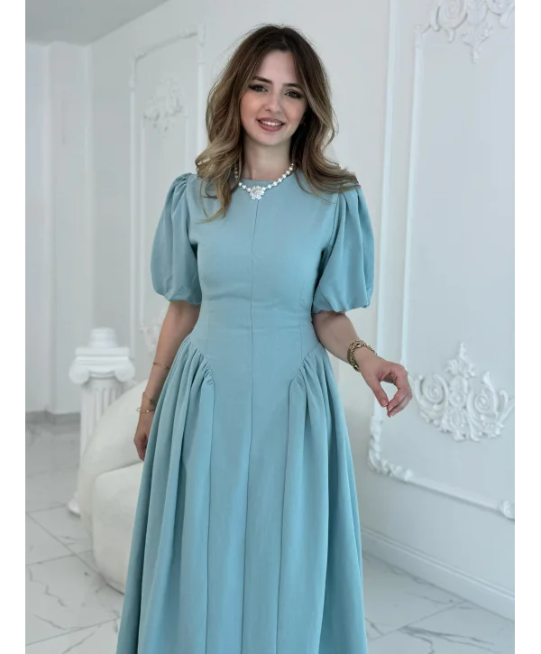 Arkadan Bağlamalı Eteği Yanları Büzgülü Keten Mint Elbise