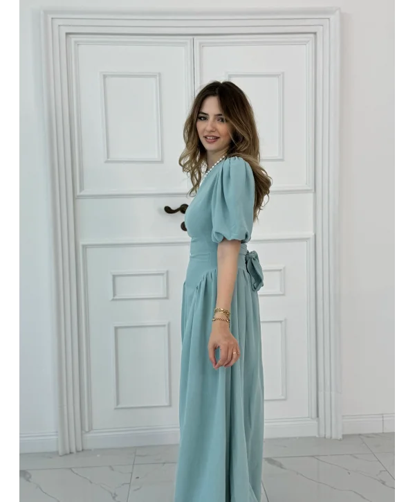 Arkadan Bağlamalı Eteği Yanları Büzgülü Keten Mint Elbise