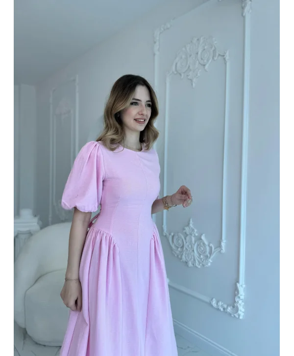 Arkadan Bağlamalı Eteği Yanları Büzgülü Keten Pembe Elbise