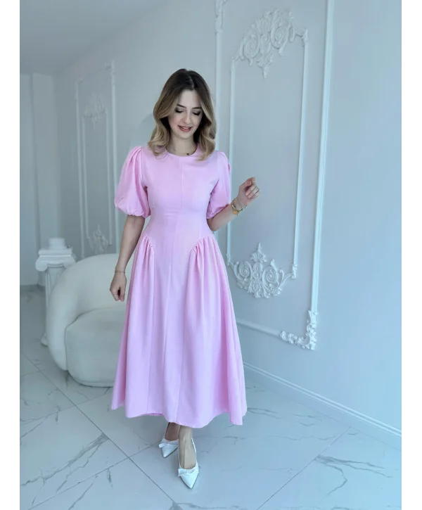 Arkadan Bağlamalı Eteği Yanları Büzgülü Keten Pembe Elbise