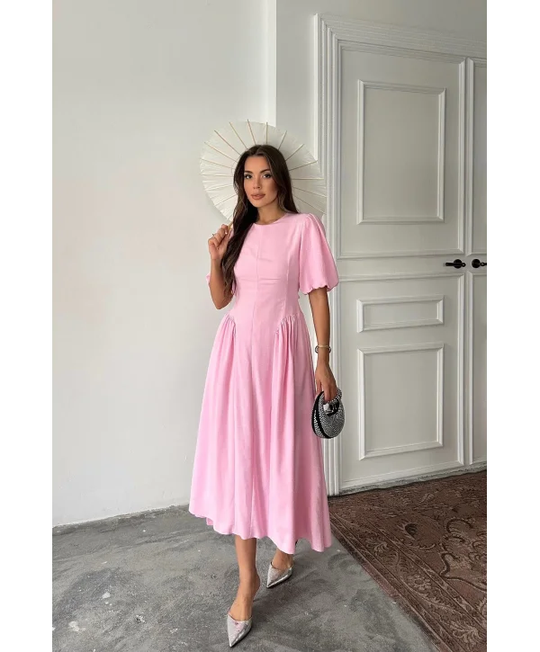 Arkadan Bağlamalı Eteği Yanları Büzgülü Keten Pembe Elbise