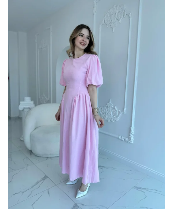 Arkadan Bağlamalı Eteği Yanları Büzgülü Keten Pembe Elbise
