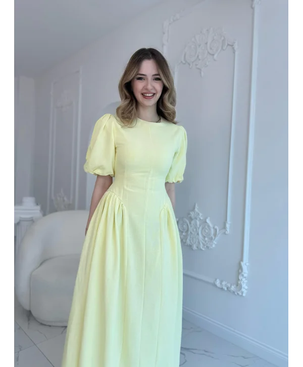 Arkadan Bağlamalı Eteği Yanları Büzgülü Keten Sarı Elbise