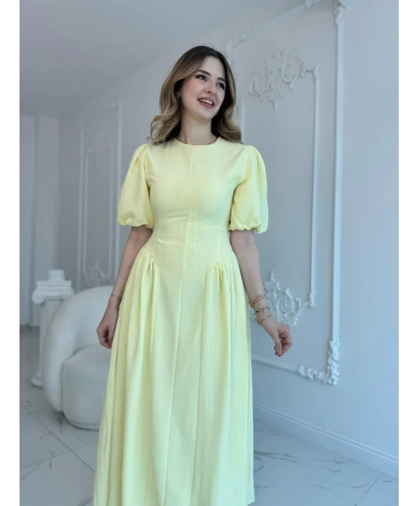 Arkadan Bağlamalı Eteği Yanları Büzgülü Keten Sarı Elbise