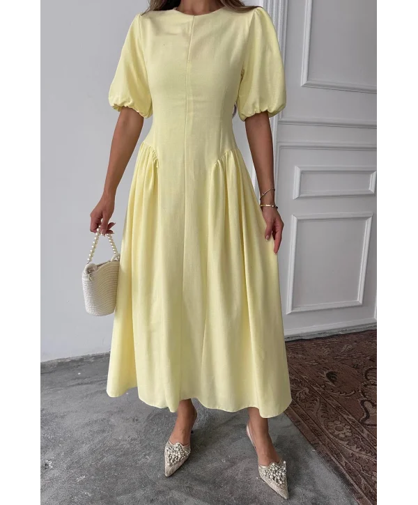 Arkadan Bağlamalı Eteği Yanları Büzgülü Keten Sarı Elbise