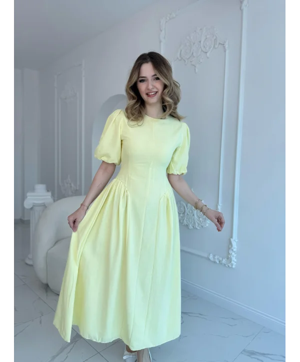 Arkadan Bağlamalı Eteği Yanları Büzgülü Keten Sarı Elbise