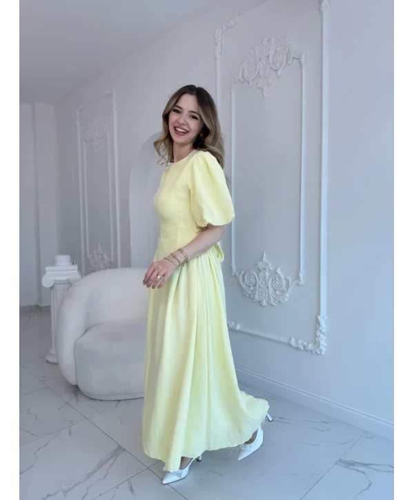 Arkadan Bağlamalı Eteği Yanları Büzgülü Keten Sarı Elbise