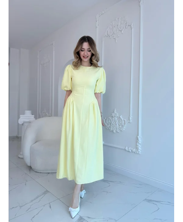 Arkadan Bağlamalı Eteği Yanları Büzgülü Keten Sarı Elbise