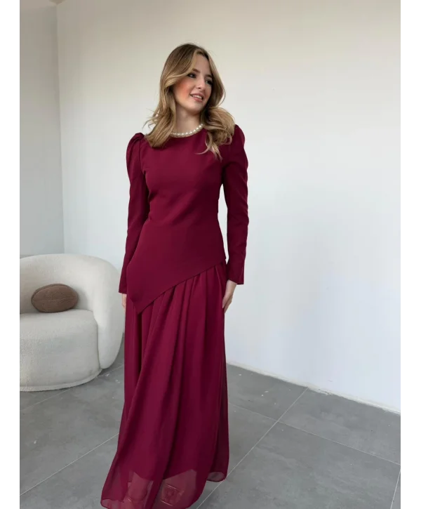 Asimetrik Bluz ve Şifon Etek Bordo Takım