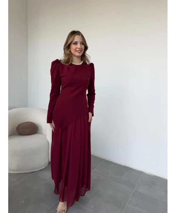 Asimetrik Bluz ve Şifon Etek Bordo Takım