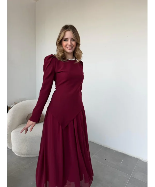 Asimetrik Bluz ve Şifon Etek Bordo Takım