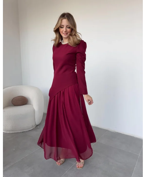 Asimetrik Bluz ve Şifon Etek Bordo Takım