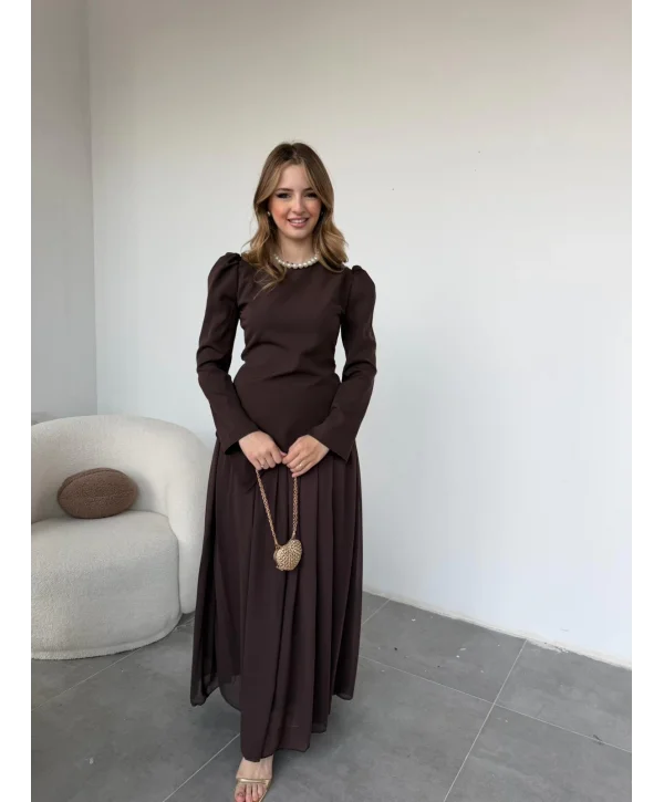 Asimetrik Bluz ve Şifon Etek Kahve Takım