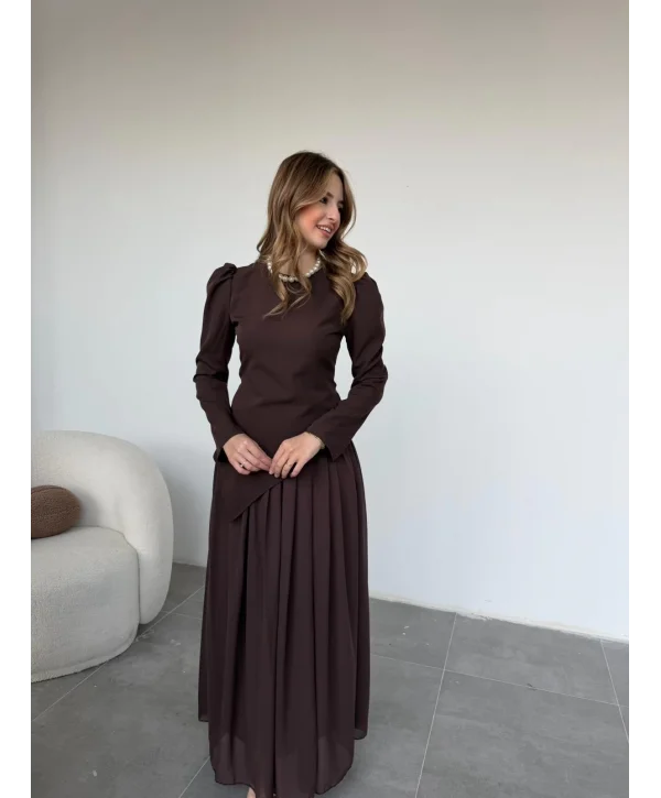 Asimetrik Bluz ve Şifon Etek Kahve Takım