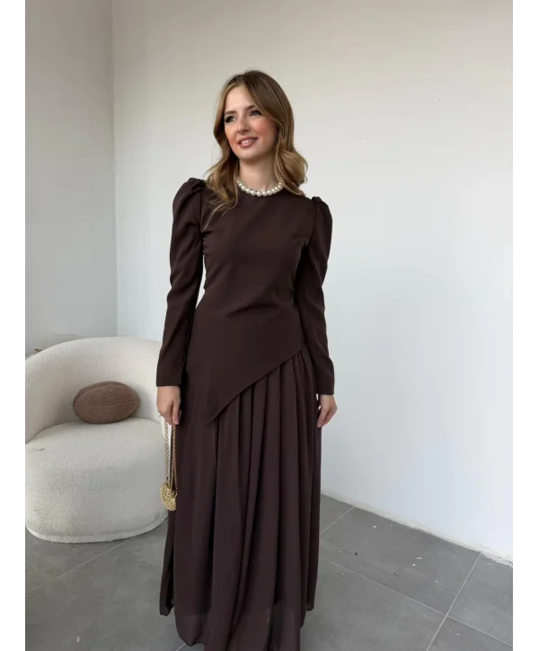 Asimetrik Bluz ve Şifon Etek Kahve Takım