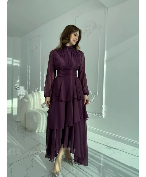 Asimetrik Kesim Kat Kat Şifon Mor Elbise
