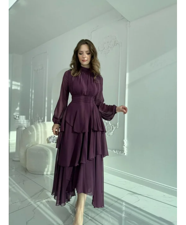 Asimetrik Kesim Kat Kat Şifon Mor Elbise