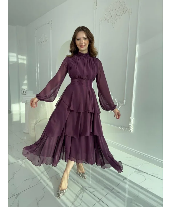 Asimetrik Kesim Kat Kat Şifon Mor Elbise