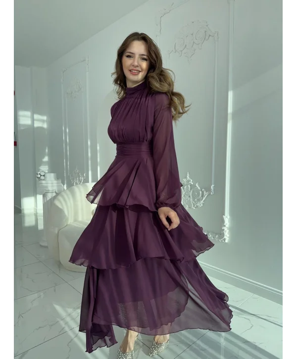 Asimetrik Kesim Kat Kat Şifon Mor Elbise