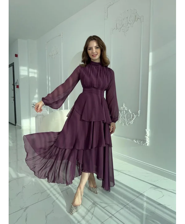 Asimetrik Kesim Kat Kat Şifon Mor Elbise