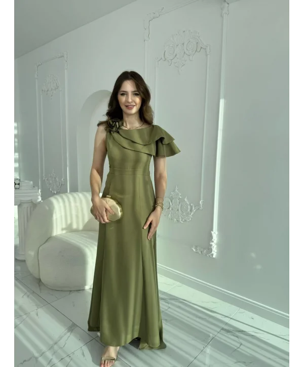 Asimetrik Volan Detaylı Haki Tek Omuzlu Abiye Elbise