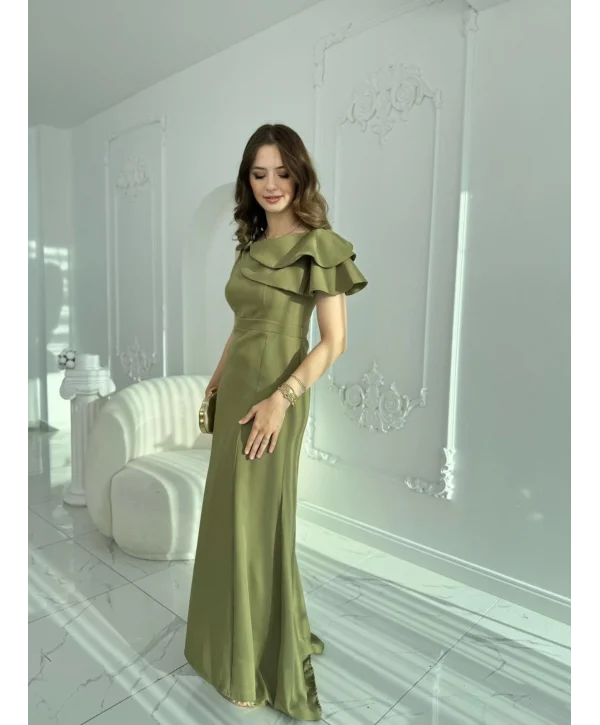 Asimetrik Volan Detaylı Haki Tek Omuzlu Abiye Elbise