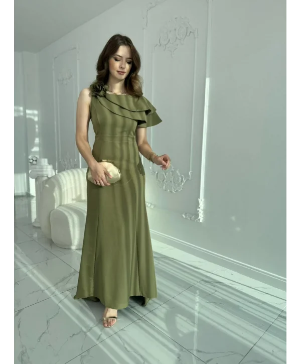 Asimetrik Volan Detaylı Haki Tek Omuzlu Abiye Elbise