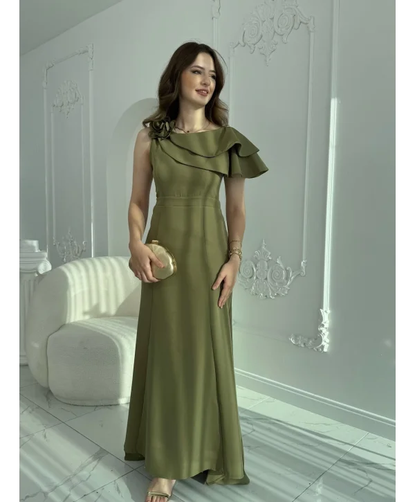 Asimetrik Volan Detaylı Haki Tek Omuzlu Abiye Elbise
