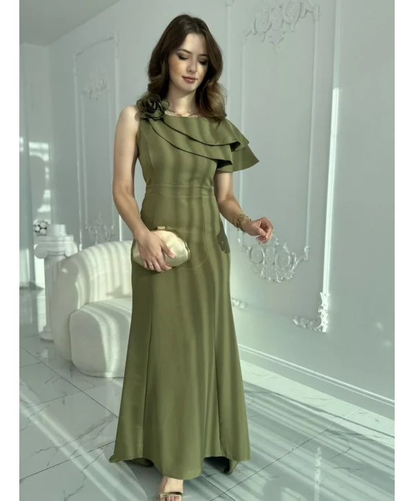 Asimetrik Volan Detaylı Haki Tek Omuzlu Abiye Elbise