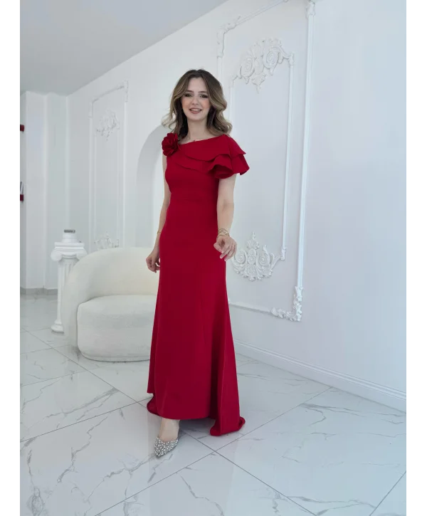 Asimetrik Volan Detaylı Kırmızı Tek Omuzlu Abiye Elbise