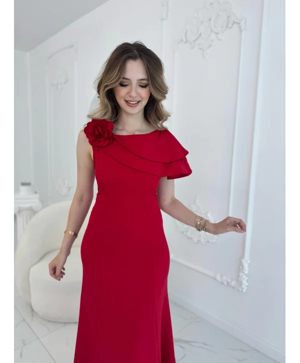 Asimetrik Volan Detaylı Kırmızı Tek Omuzlu Abiye Elbise