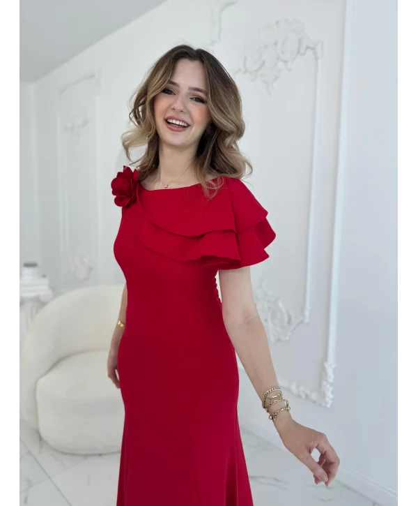 Asimetrik Volan Detaylı Kırmızı Tek Omuzlu Abiye Elbise
