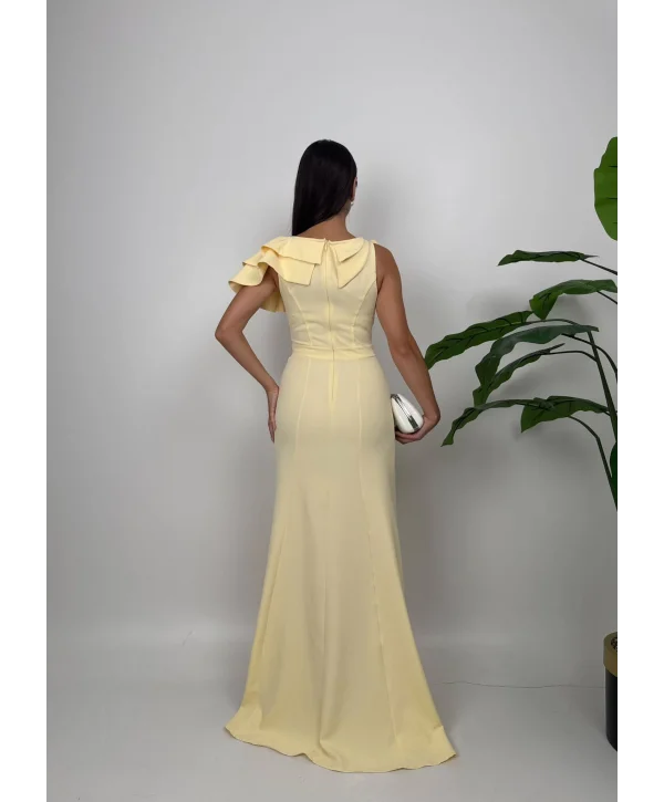 Asimetrik Volan Detaylı Sarı Tek Omuzlu Abiye Elbise