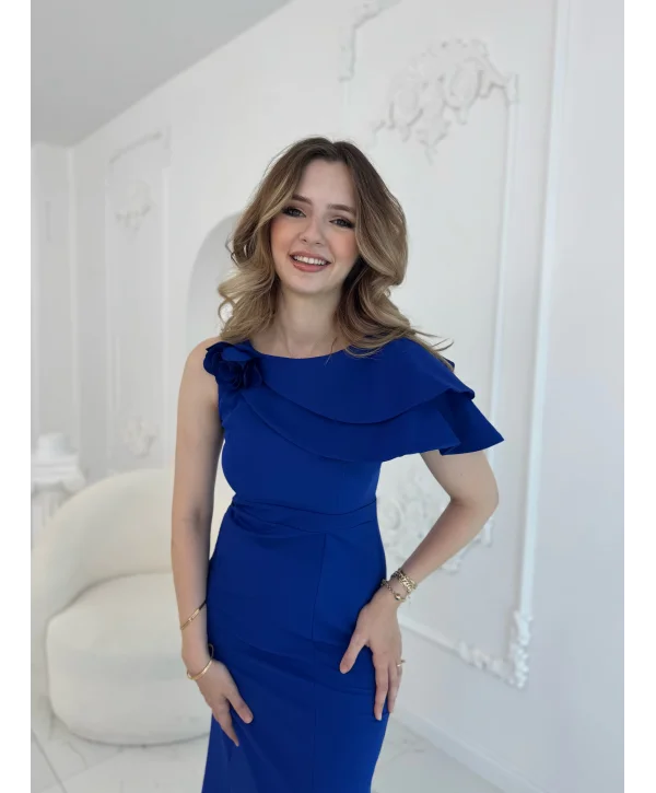 Asimetrik Volan Detaylı Saks Tek Omuzlu Abiye Elbise