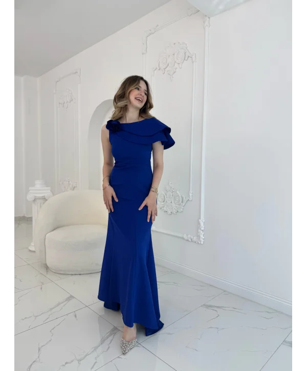 Asimetrik Volan Detaylı Saks Tek Omuzlu Abiye Elbise