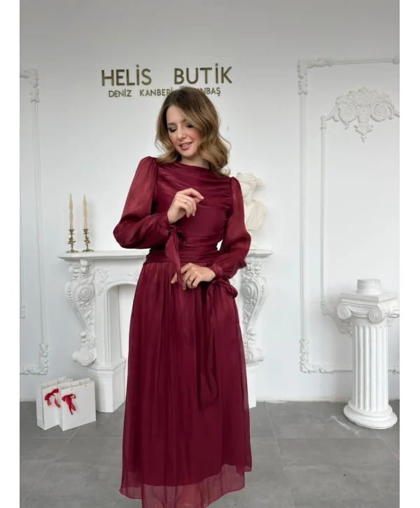 Bağlama Detaylı Simli Işıltılı Bordo Abiye Elbise