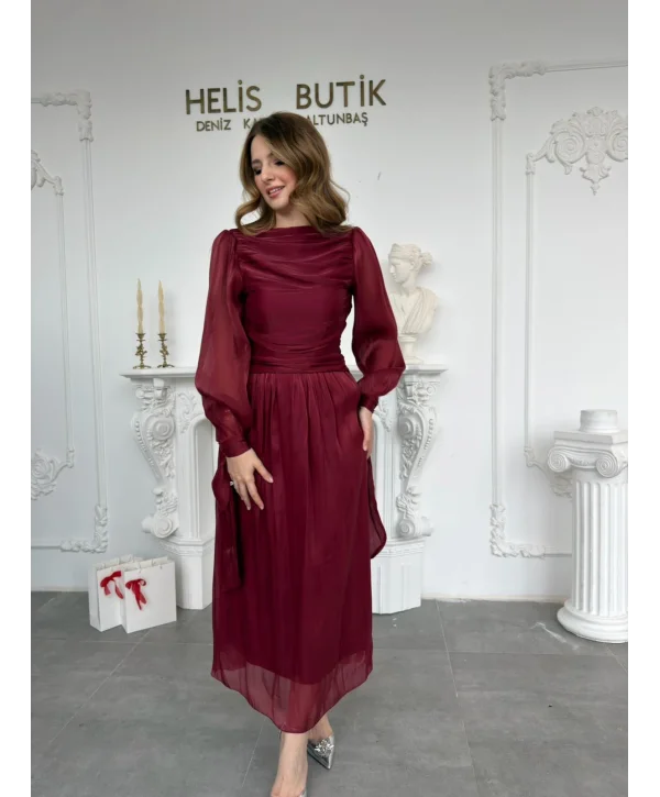Bağlama Detaylı Simli Işıltılı Bordo Abiye Elbise