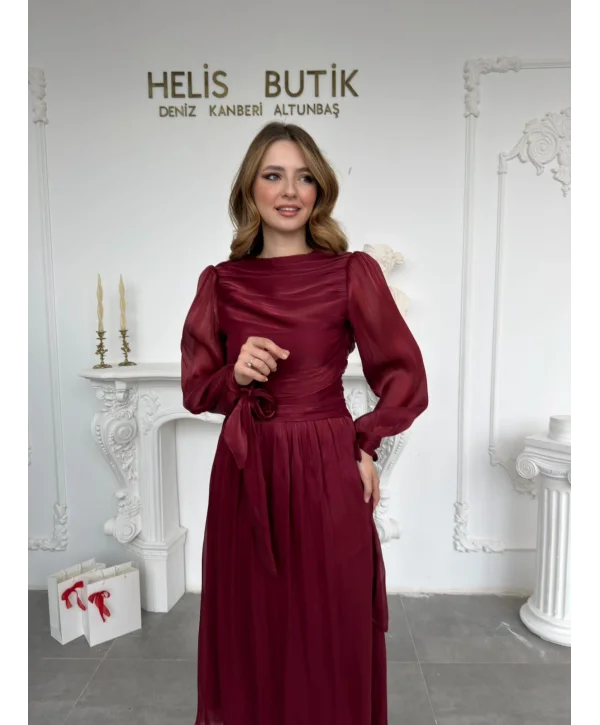 Bağlama Detaylı Simli Işıltılı Bordo Abiye Elbise
