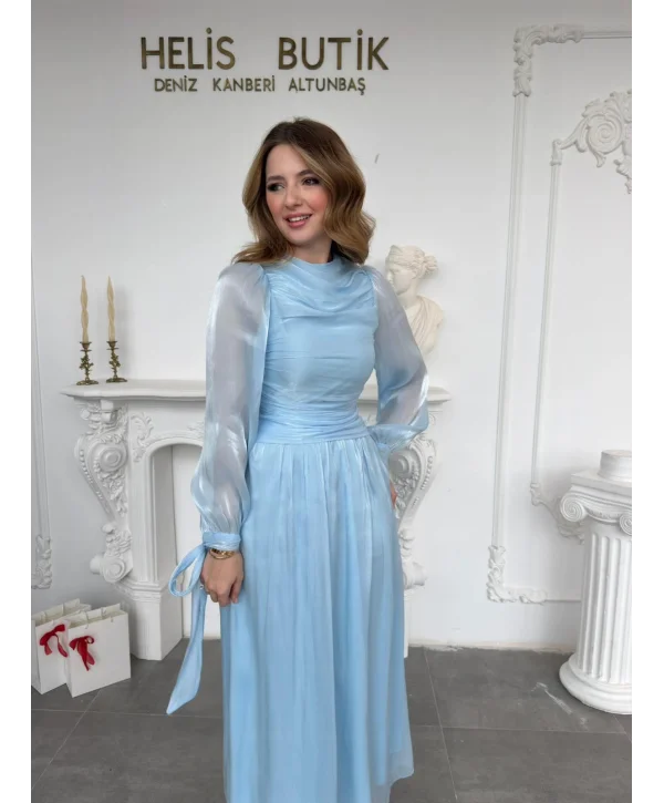 Bağlama Detaylı Simli Işıltılı Mavi Abiye Elbise