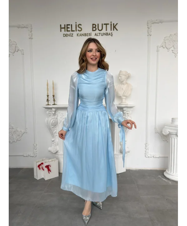 Bağlama Detaylı Simli Işıltılı Mavi Abiye Elbise
