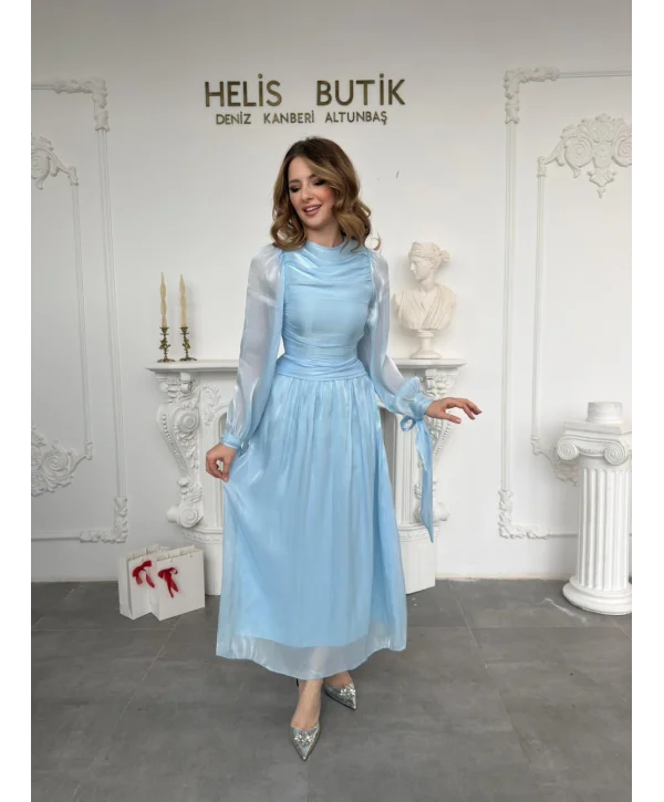 Bağlama Detaylı Simli Işıltılı Mavi Abiye Elbise